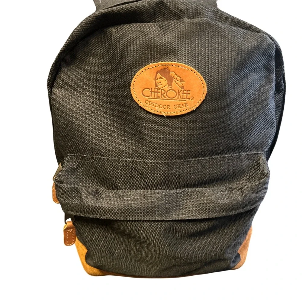 Cherokee Outdoor Gear Backpack Black Canvas Suede Leather Bottom Vintage 90's